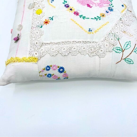 Pillow Cushion Handmade Embroidery Craft Floral Lace Crochet Multicolor Boho - Picture 8 of 10